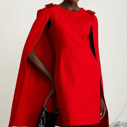 Alexandra Bright Red Mini Dress boat neck long sleeves cape design bow detailing side zip fastening thigh-length silhouette luxurious blend of 91% Rayon and 9% Silk timeless masterpiece