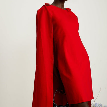 Alexandra Bright Red Mini Dress Boat Neck Long Sleeves Cape Design Bow Detailing Side Zip Fastening Thigh-Length Silhouette Luxurious Blend of Rayon and Silk