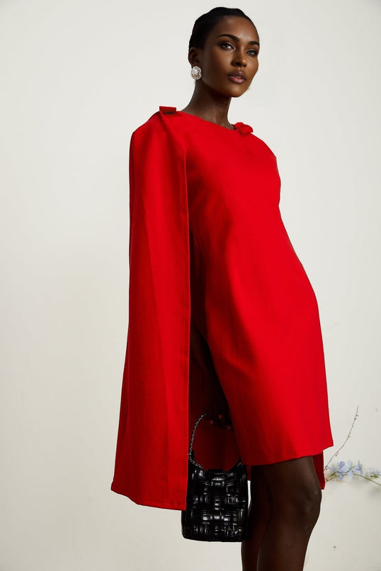 Alexandra Bright Red Mini Dress Boat Neck Long Sleeves Cape Design Bow Detailing Side Zip Fastening Thigh-Length Silhouette Luxurious Blend of Rayon and Silk