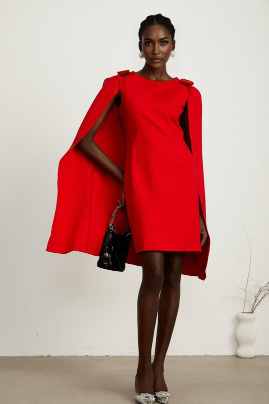Alexandra Bright Red Mini Dress Boat Neck Long Sleeves Cape Design Bow Detailing Side Zip Fastening Thigh-Length Silhouette 91% Rayon 9% Silk Luxury