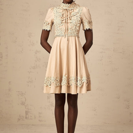 Alexandra Mini Dress in Neutrals Corded Lace Flared Skirt Mock Neck Button Fastening Mixed Linen Blend