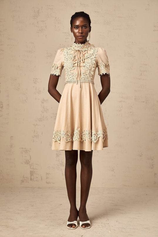 Alexandra Mini Dress in Neutrals Corded Lace Flared Skirt Mock Neck Button Fastening Mixed Linen Blend