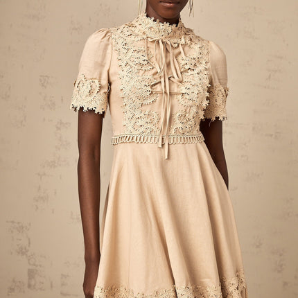 Alexandra Mini Dress in Neutrals corded lace mock neck flared skirt linen blend
