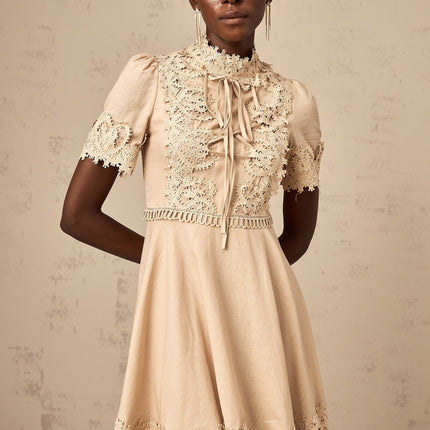 Alexandra Mini Dress in Neutrals Corded Lace Flared Skirt Mock Neck Button Fastening Mixed Linen Blend Elegant Sophisticated Chic Refinement
