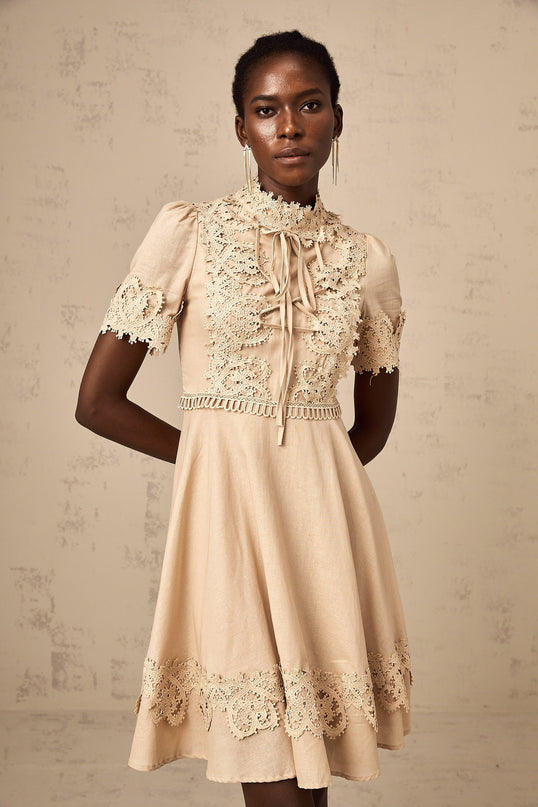 Alexandra Mini Dress in Neutrals Corded Lace Flared Skirt Mock Neck Button Fastening Mixed Linen Blend Elegant Sophisticated Chic Refinement