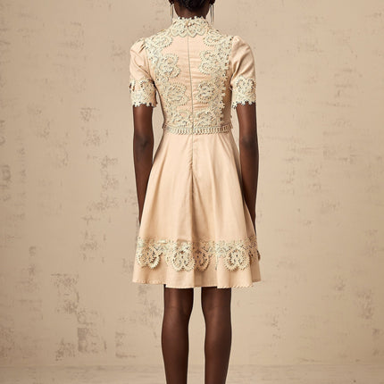 Alexandra Neutrals Lace Mini Dress Elegant Sophisticated Flared Skirt Linen Blend Special Occasions Evening Events Chic Refinement