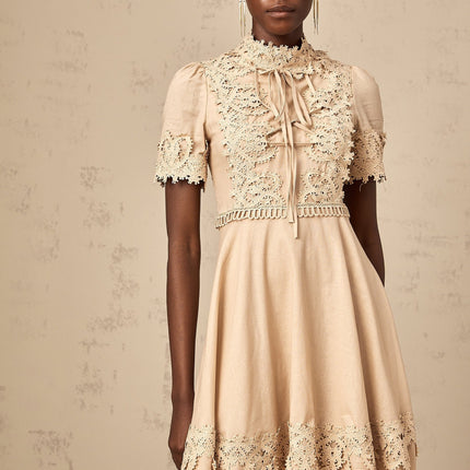 Alexandra Mini Dress in Neutrals lace linen blend mock neck flared skirt lace-up fastening button fastening elegant sophisticated chic refined feminine special occasions evening events timeless style grace