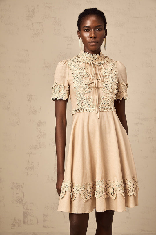 Alexandra Mini Dress in Neutrals lace linen blend mock neck flared skirt lace-up fastening button fastening elegant sophisticated chic refined feminine special occasions evening events timeless style grace