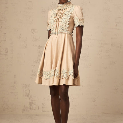 Alexandra Neutrals Mini Dress mock neck corded lace flared skirt lace-up fastening button fastening mixed linen special occasions evening events timeless style chic refinement