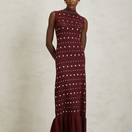 Alexandra Red Crochet Knit Maxi Dress with Stud Embellishments