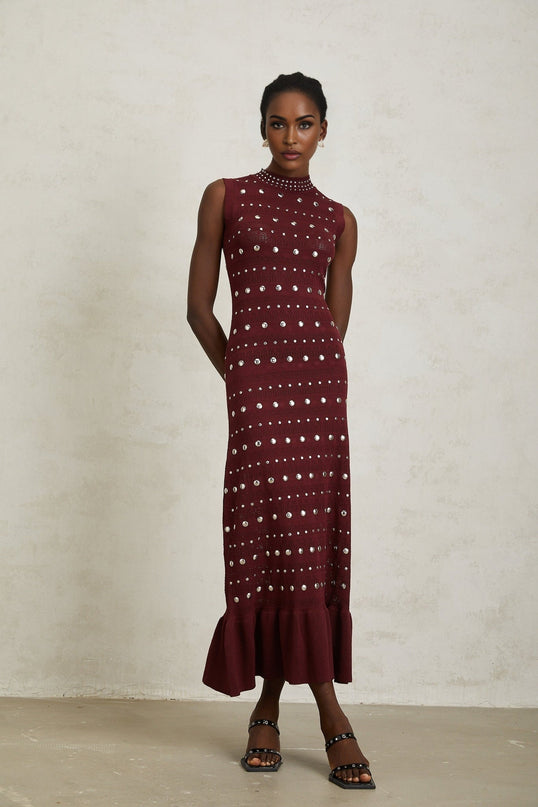 Alexandra Red Crochet Knit Maxi Dress with Stud Embellishments