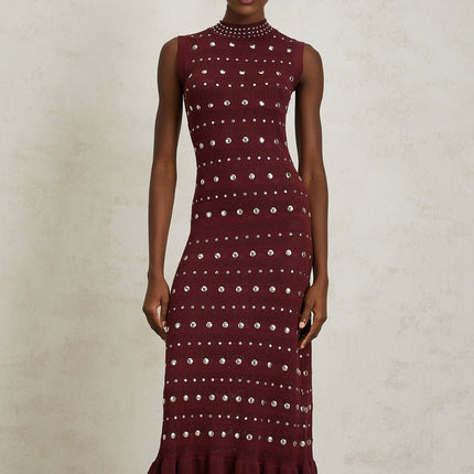 Alexandra Red Crochet Knit Maxi Dress with Stud Embellishments and Ruffled Hem