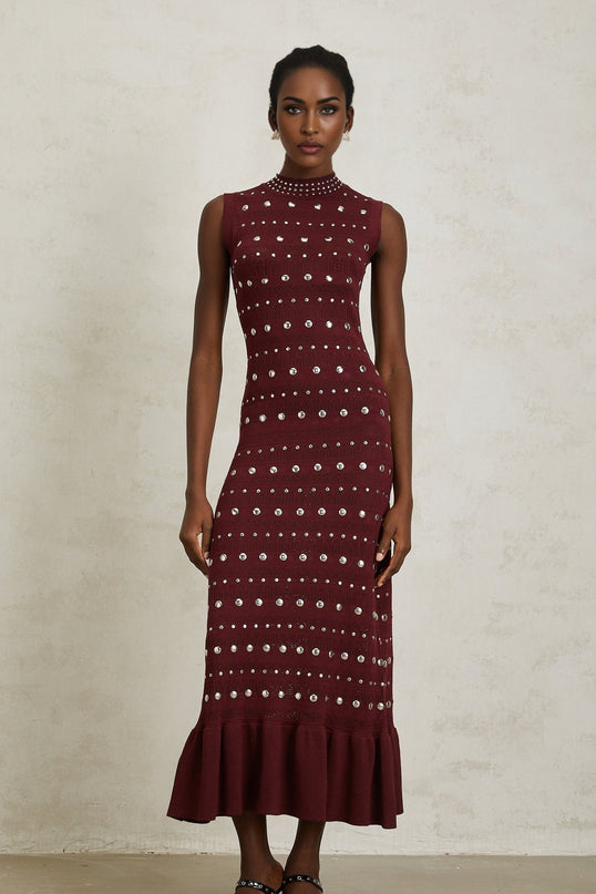 Alexandra Red Crochet Knit Maxi Dress with Stud Embellishments and Ruffled Hem