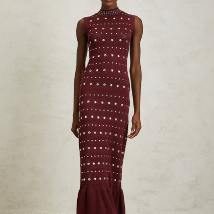 Alexandra Red Crochet Knit Maxi Dress with Stud Embellishments and Ruffled Hem