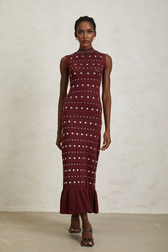 Alexandra Red Crochet Knit Maxi Dress with Stud Embellishments and Ruffled Hem