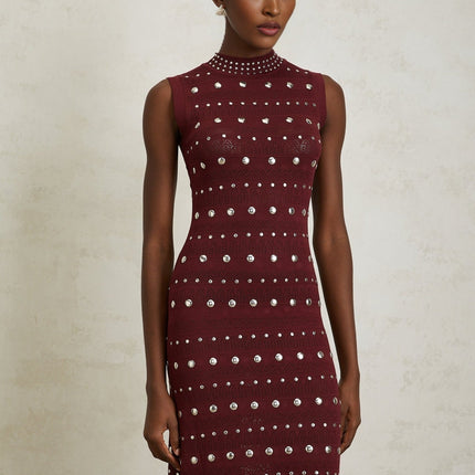 Alexandra Red Crochet Knit Maxi Dress with Stud Embellishments and Ruffled Hem