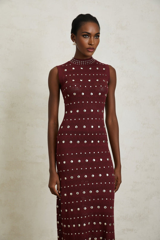 Alexandra Red Crochet Knit Maxi Dress with Stud Embellishments and Ruffled Hem