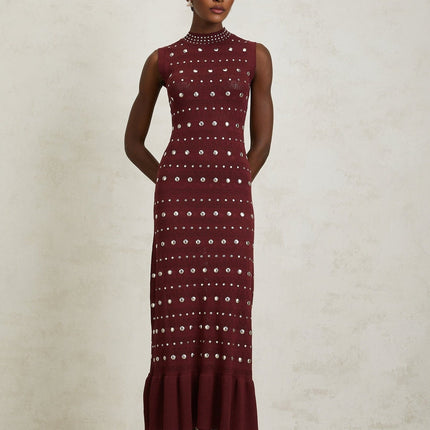 Alexandra Red Crochet Knit Maxi Dress with Stud Embellishments and Ruffled Hem
