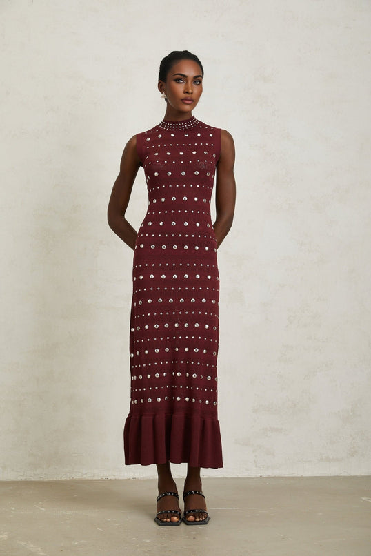 Alexandra Red Crochet Knit Maxi Dress with Stud Embellishments and Ruffled Hem