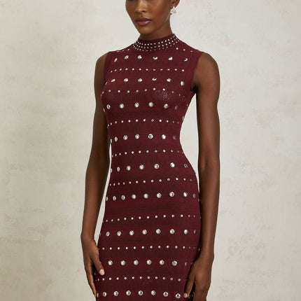 Alexandra Red Crochet Knit Maxi Dress with Stud Embellishments and Ruffled Hem