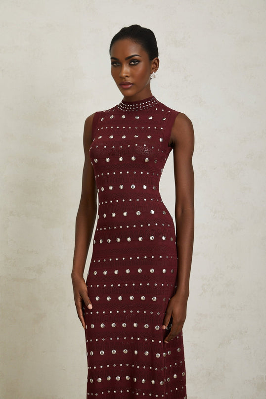 Alexandra Red Crochet Knit Maxi Dress with Stud Embellishments and Ruffled Hem