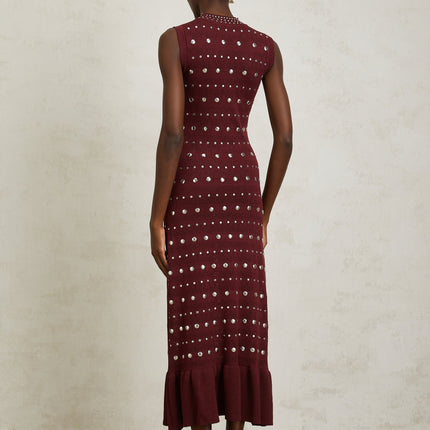 Alexandra Red Crochet Knit Maxi Dress with Stud Embellishments and Ruffled Hem