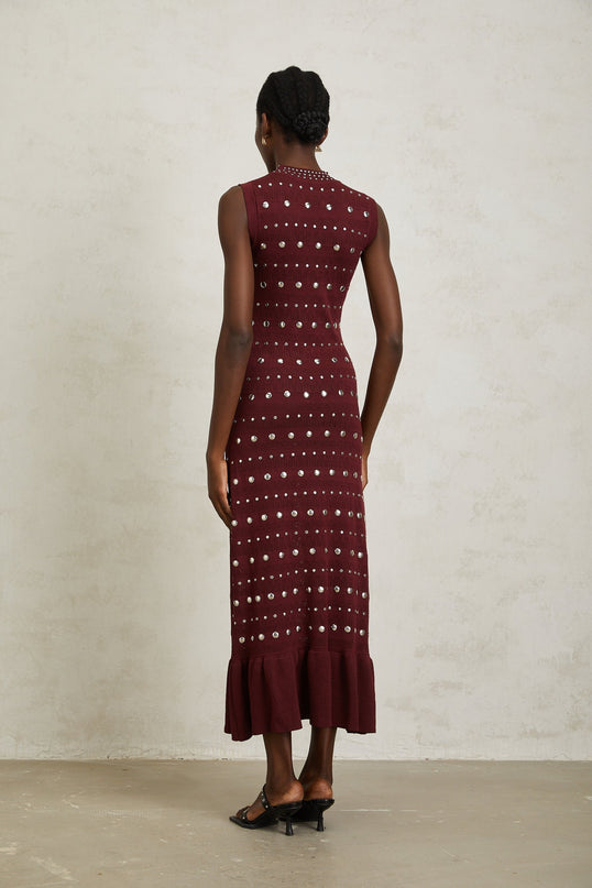 Alexandra Red Crochet Knit Maxi Dress with Stud Embellishments and Ruffled Hem