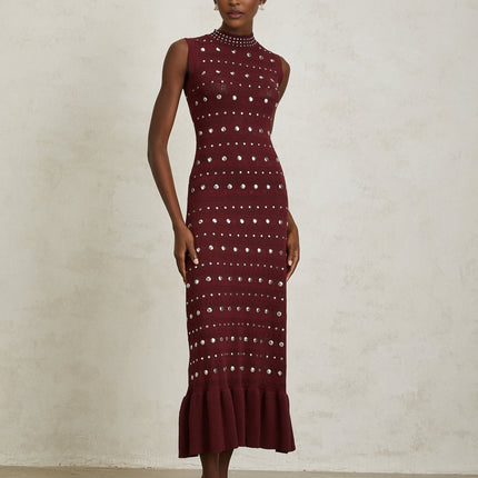 Alexandra Red Crochet Knit Maxi Dress with Stud Embellishments