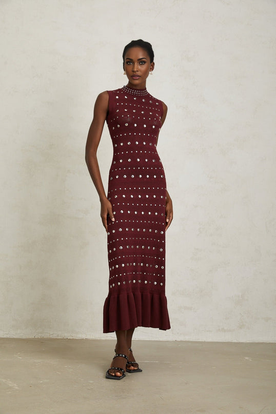 Alexandra Red Crochet Knit Maxi Dress with Stud Embellishments