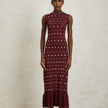 Alexandra Red Crochet Knit Maxi Dress with Stud Embellishments and Ruffled Hem