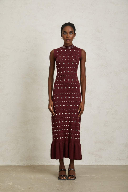 Alexandra Red Crochet Knit Maxi Dress with Stud Embellishments and Ruffled Hem