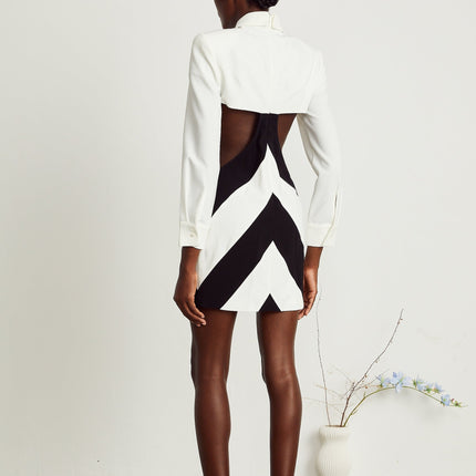 Alexis White and Black Mini Dress with Cut-Out Design and Neck Tie Detail