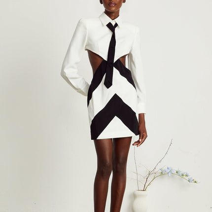 Alexis White and Black Mini Dress with Cut-Out Design and Neck Tie Detail