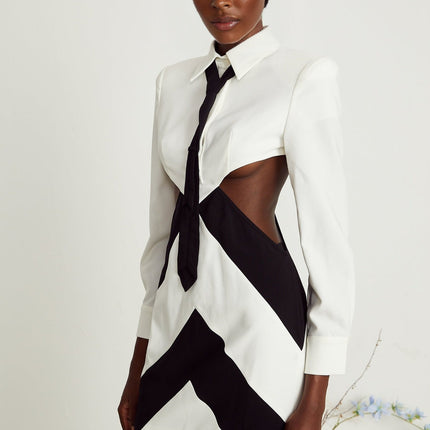 Alexis White and Black Mini Dress with Long Sleeves and Neck Tie Detail