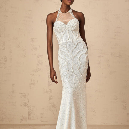 Alexis White Backless Maxi Dress with Faux-Pearl Embellishments
