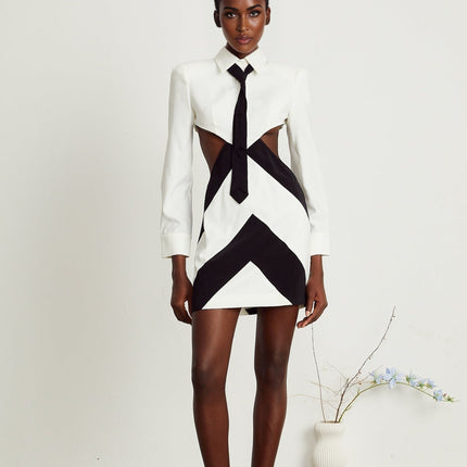 Alexis White and Black Mini Dress with Cut-Out Design and Neck Tie Detail