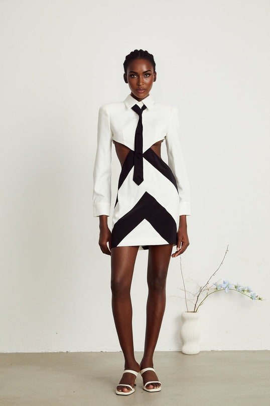 Alexis White and Black Mini Dress with Cut-Out Design and Neck Tie Detail