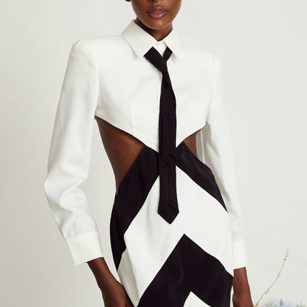 Alexis White and Black Mini Dress with Long Sleeves and Neck Tie Detail
