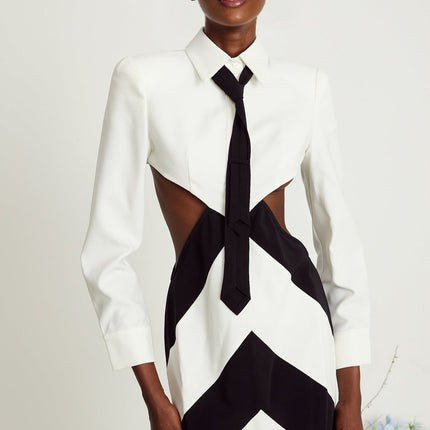 Alexis White and Black Mini Dress with Long Sleeves and Neck Tie Detail