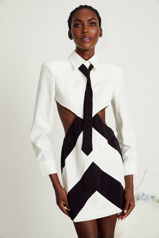 Alexis White and Black Mini Dress with Long Sleeves and Neck Tie Detail
