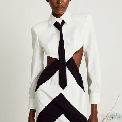 Alexis White and Black Mini Dress with Long Sleeves and Neck Tie Detail