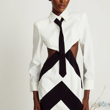 Alexis White and Black Mini Dress with Long Sleeves and Neck Tie Detail