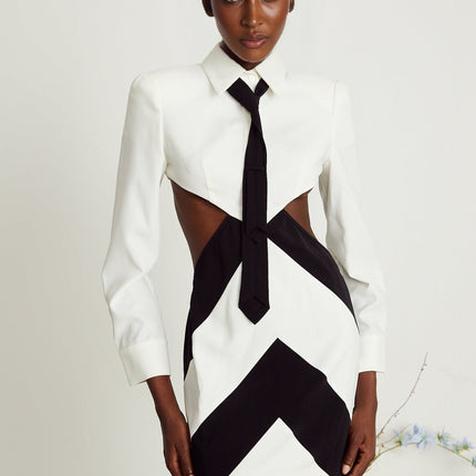 Alexis White and Black Long Sleeve Mini Dress with Cut-Out Design