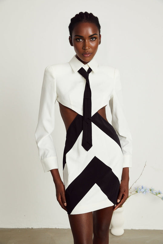 Alexis White and Black Long Sleeve Mini Dress with Cut-Out Design
