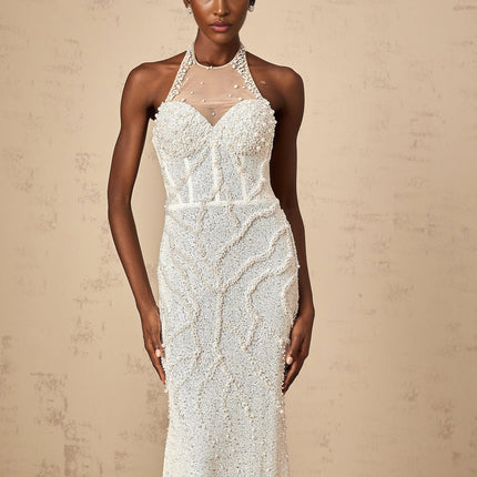 Alexis White Maxi Dress with Faux-Pearl Embellishments and Backless Design