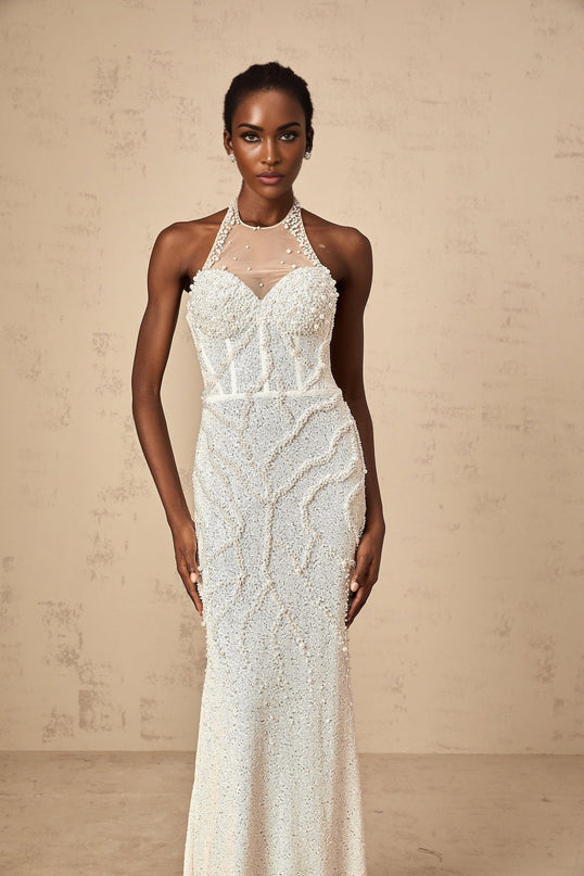 Alexis White Maxi Dress with Faux-Pearl Embellishments and Backless Design
