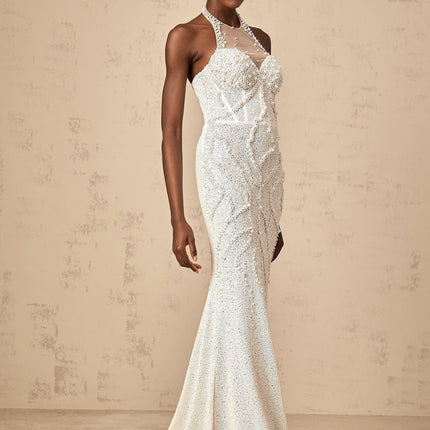 Alexis White Maxi Dress with Faux-Pearl Embellishments in Tulle Fabric