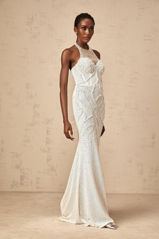 Alexis White Maxi Dress with Faux-Pearl Embellishments in Tulle Fabric
