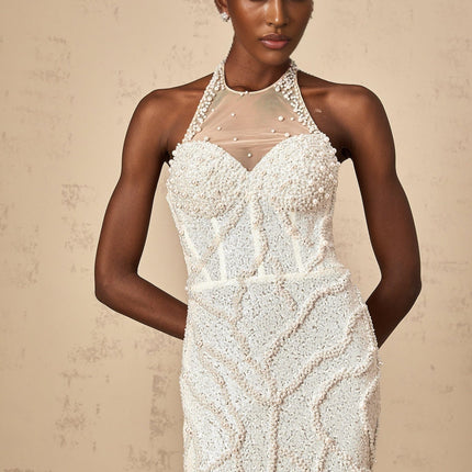 Alexis White Maxi Dress with Faux-Pearl Embellishments and Tulle Construction