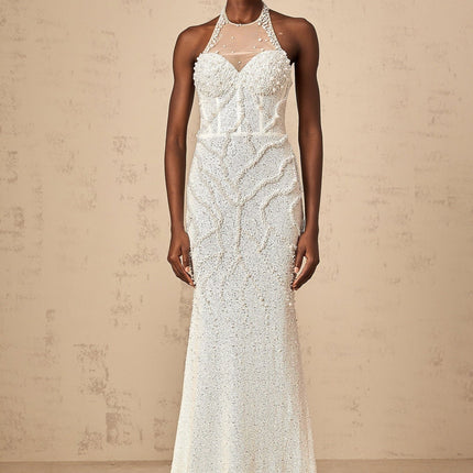 Alexis White Maxi Dress with Faux-Pearl Embellishments and Tulle Construction